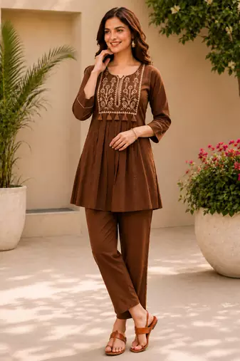brown cotton blend with embroidery work embroidery co-ord set