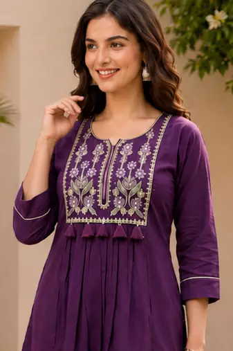  purple cotton blend with embroidery work embroidery co-ord set
