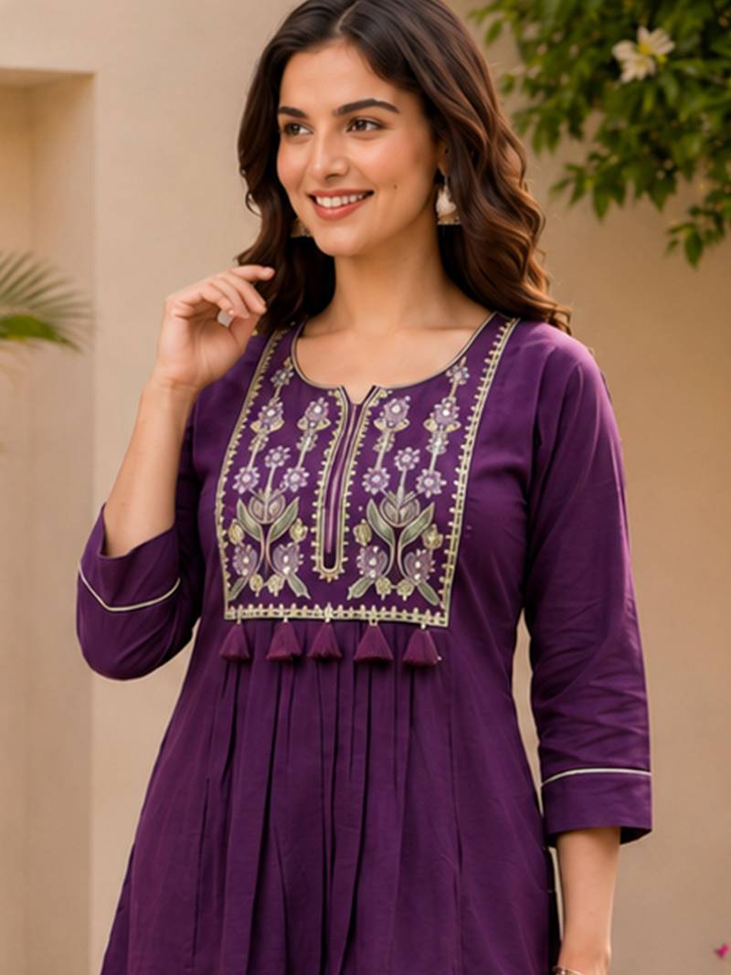  purple cotton blend with embroidery work embroidery co-ord set