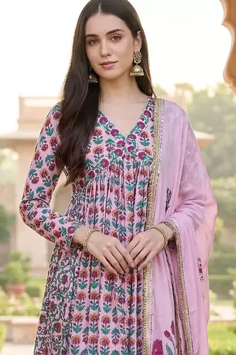 Women Floral Printed Empire Gotta Patti Pure Cotton Kurta with Trousers & With Dupatta
