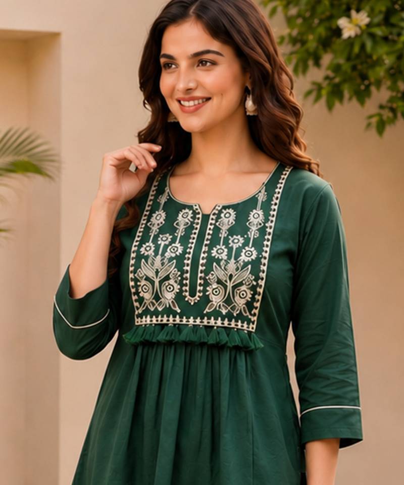  teal green cotton blend with embroidery work embroidery co-ord set