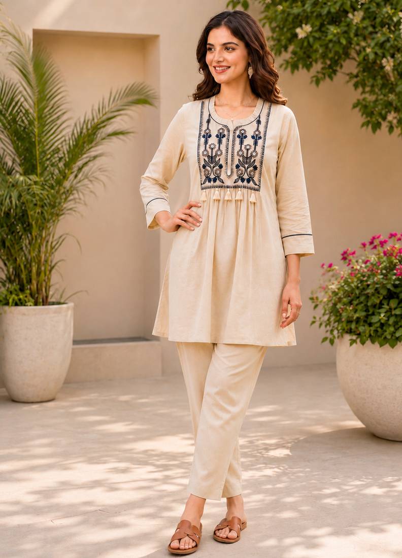  beige cotton blend with embroidery work embroidery co-ord set