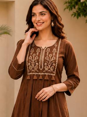 brown cotton blend with embroidery work embroidery co-ord set 3