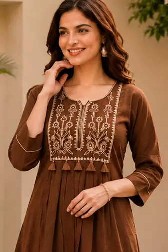 brown cotton blend with embroidery work embroidery co-ord set