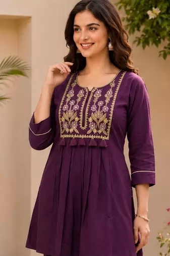 violet cotton blend with embroidery work embroidery co-ord set