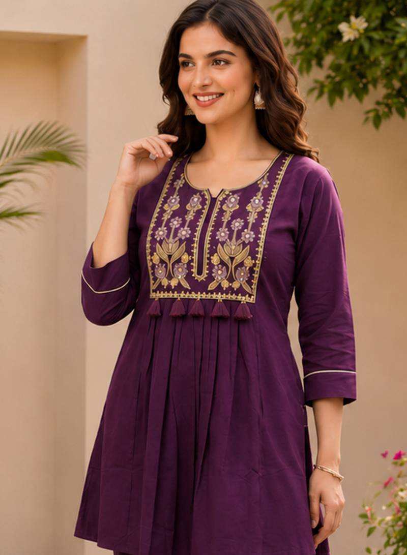 violet cotton blend with embroidery work embroidery co-ord set