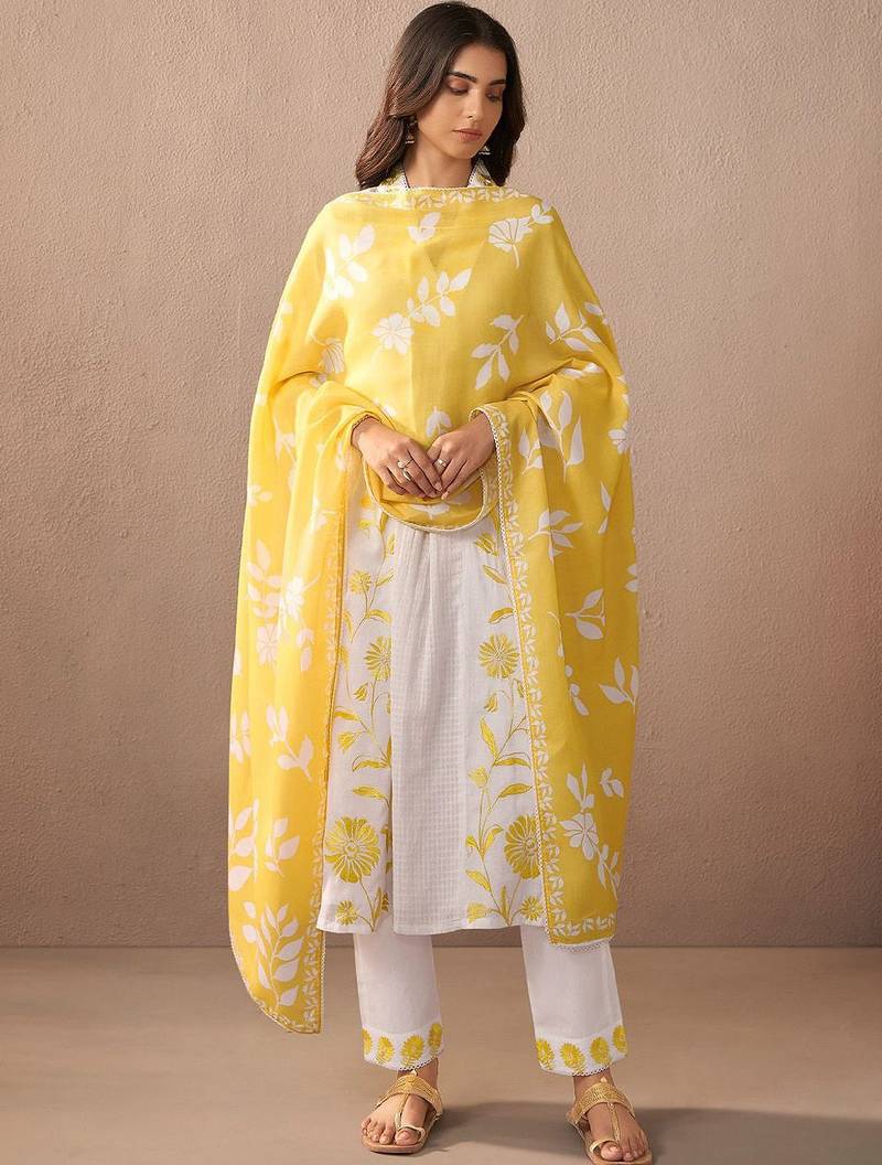 Floral Embroidered Thread Work Pure Cotton A-Line Kurta with Trouser & Dupatta