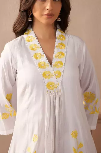 Floral Embroidered Thread Work Pure Cotton A-Line Kurta with Trouser & Dupatta