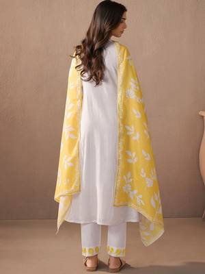 Floral Embroidered Thread Work Pure Cotton A-Line Kurta with Trouser & Dupatta 4