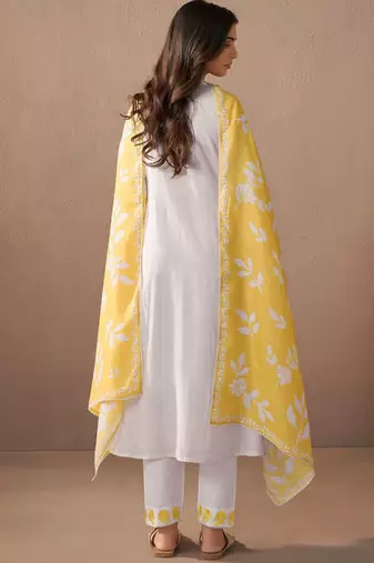Floral Embroidered Thread Work Pure Cotton A-Line Kurta with Trouser & Dupatta