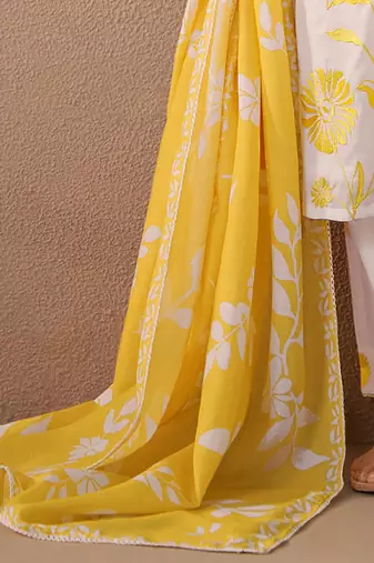 Floral Embroidered Thread Work Pure Cotton A-Line Kurta with Trouser & Dupatta