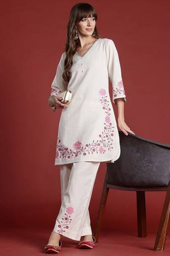 Women Floral Printed Regular Thread Work Pure Cotton Kurta with Palazzos