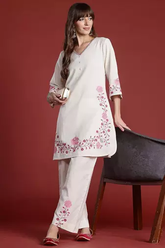 Women Floral Printed Regular Thread Work Pure Cotton Kurta with Palazzos