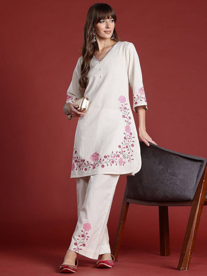 Women Floral Printed Regular Thread Work Pure Cotton Kurta with Palazzos