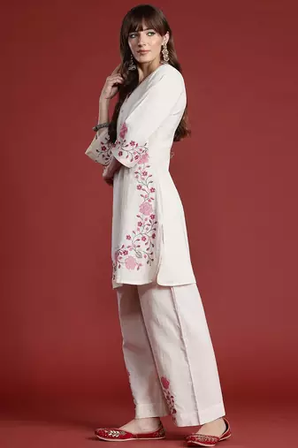 Women Floral Printed Regular Thread Work Pure Cotton Kurta with Palazzos