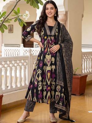 Women Ethnic Motifs Printed Regular Thread Work Pure Cotton Kurta with Trousers & With Dupatta 1