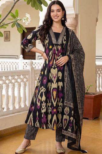 Women Ethnic Motifs Printed Regular Thread Work Pure Cotton Kurta with Trousers & With Dupatta