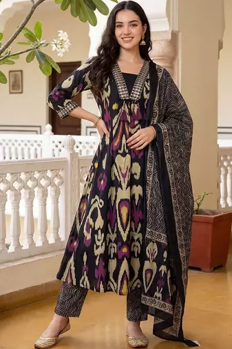 Women Ethnic Motifs Printed Regular Thread Work Pure Cotton Kurta with Trousers & With Dupatta
