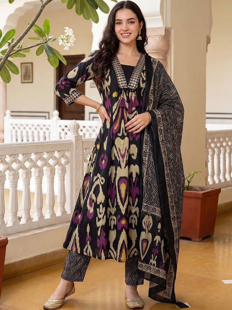 Women Ethnic Motifs Printed Regular Thread Work Pure Cotton Kurta with Trousers & With Dupatta