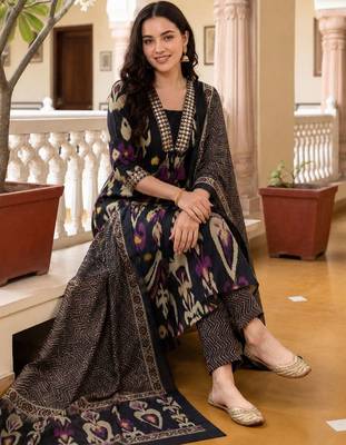 Women Ethnic Motifs Printed Regular Thread Work Pure Cotton Kurta with Trousers & With Dupatta 2