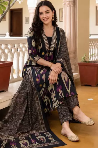 Women Ethnic Motifs Printed Regular Thread Work Pure Cotton Kurta with Trousers & With Dupatta