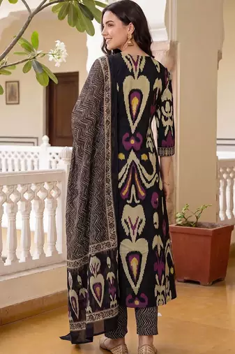 Women Ethnic Motifs Printed Regular Thread Work Pure Cotton Kurta with Trousers & With Dupatta