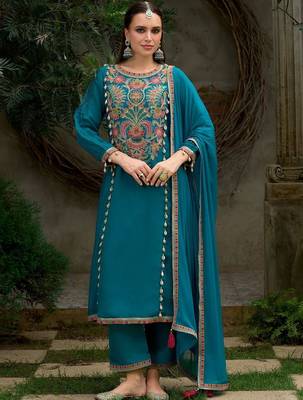 Floral Embroidered A-Line Round Neck Beads & Stones Kurta With Trousers & Dupatta 1