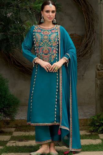 Floral Embroidered A-Line Round Neck Beads & Stones Kurta With Trousers & Dupatta