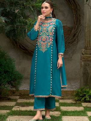 Floral Embroidered A-Line Round Neck Beads & Stones Kurta With Trousers & Dupatta 2