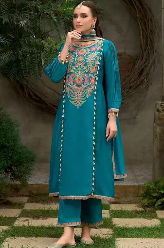 Floral Embroidered A-Line Round Neck Beads & Stones Kurta With Trousers & Dupatta