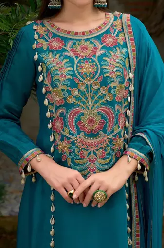 Floral Embroidered A-Line Round Neck Beads & Stones Kurta With Trousers & Dupatta