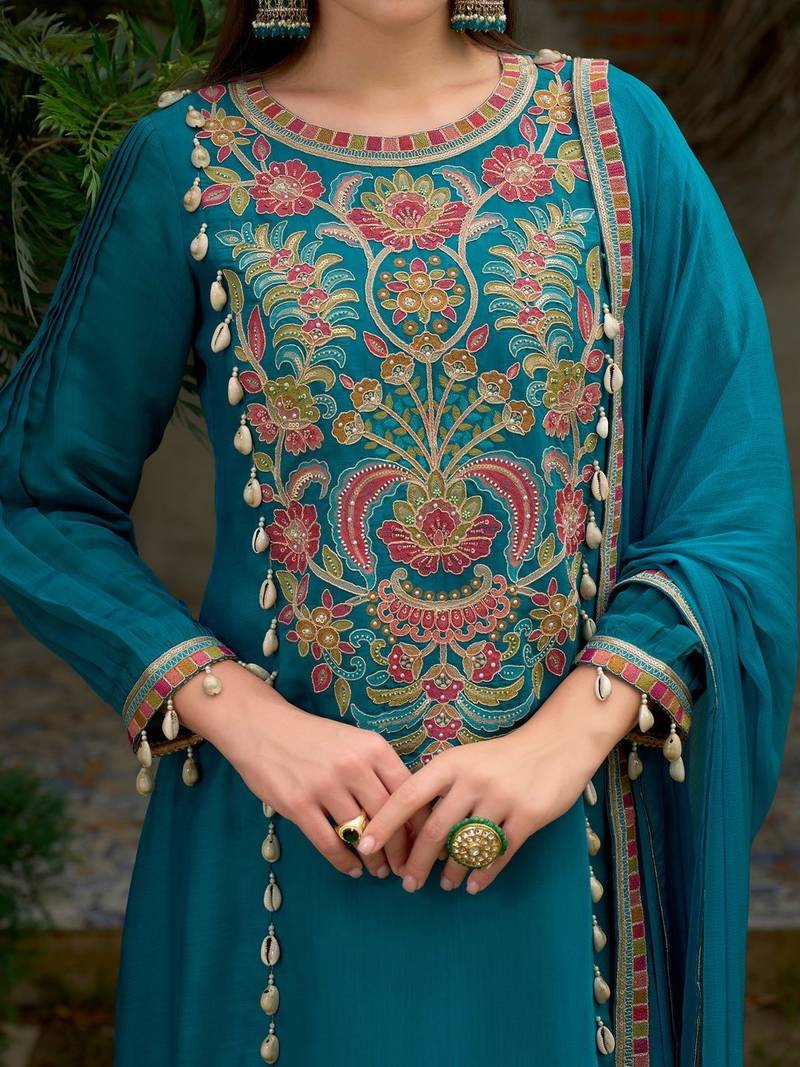 Floral Embroidered A-Line Round Neck Beads & Stones Kurta With Trousers & Dupatta