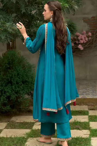Floral Embroidered A-Line Round Neck Beads & Stones Kurta With Trousers & Dupatta