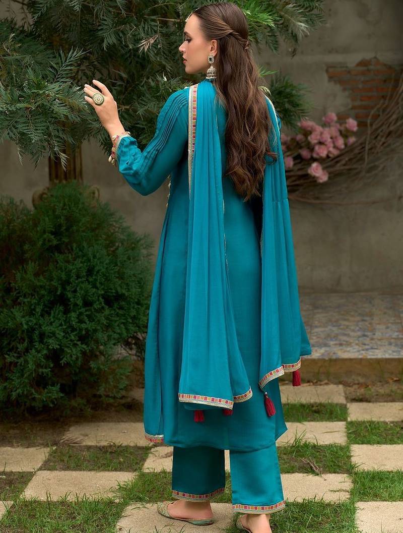 Floral Embroidered A-Line Round Neck Beads & Stones Kurta With Trousers & Dupatta