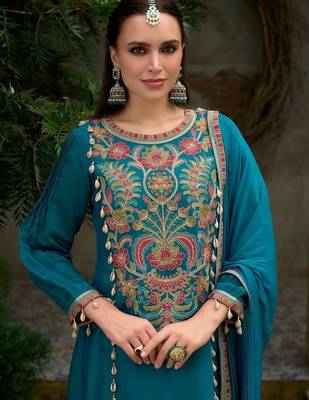 Floral Embroidered A-Line Round Neck Beads & Stones Kurta With Trousers & Dupatta 5