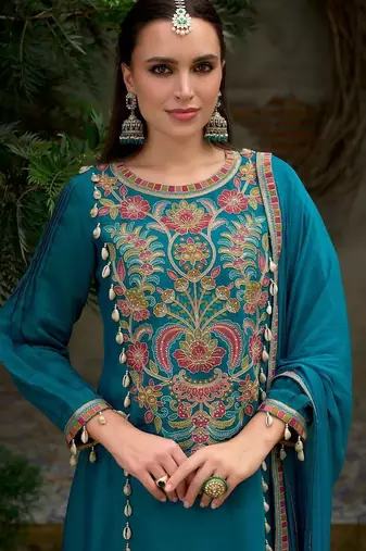 Floral Embroidered A-Line Round Neck Beads & Stones Kurta With Trousers & Dupatta
