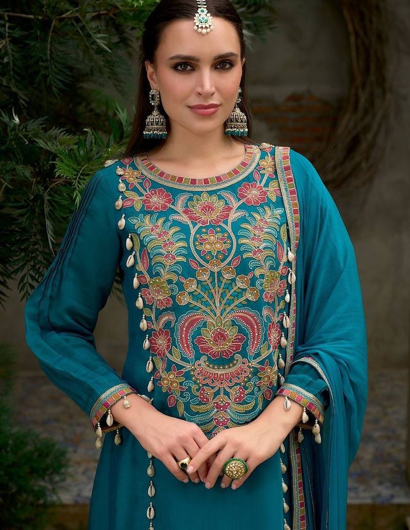 Floral Embroidered A-Line Round Neck Beads & Stones Kurta With Trousers & Dupatta