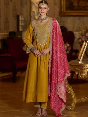 Ethnic Motifs Embroidered A-Line Bandhani Zari Kurta With Trousers & Dupatta 1