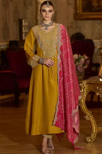 Ethnic Motifs Embroidered A-Line Bandhani Zari Kurta With Trousers & Dupatta