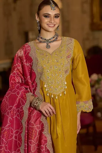 Ethnic Motifs Embroidered A-Line Bandhani Zari Kurta With Trousers & Dupatta