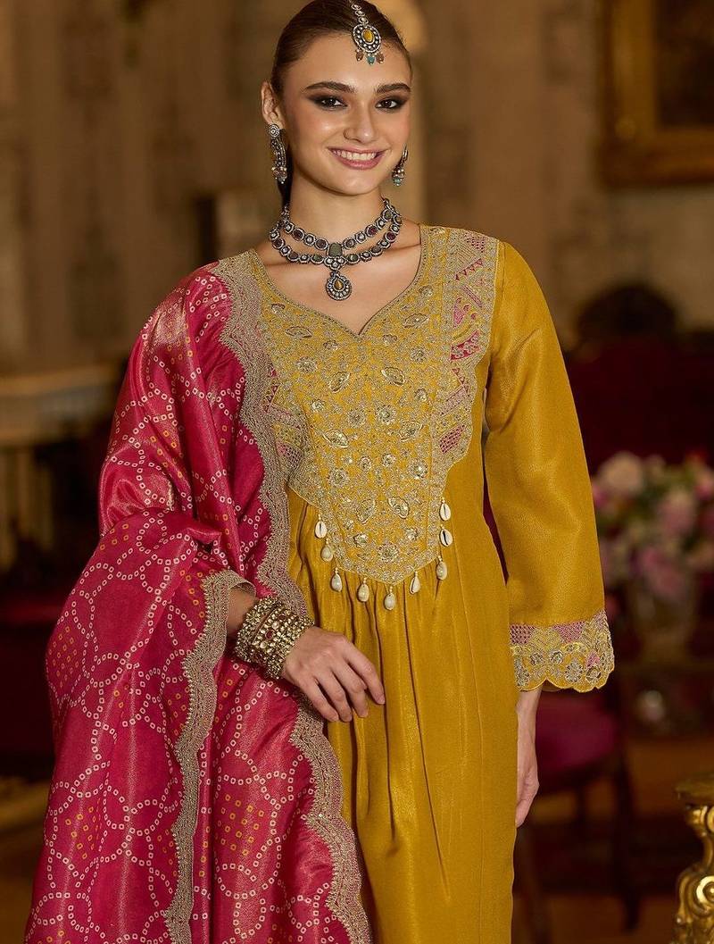Ethnic Motifs Embroidered A-Line Bandhani Zari Kurta With Trousers & Dupatta