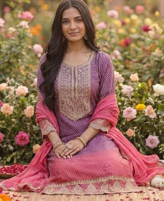Women Leheriya Dyed Regular Sequinned Kurta with Trousers & With Dupatta 1