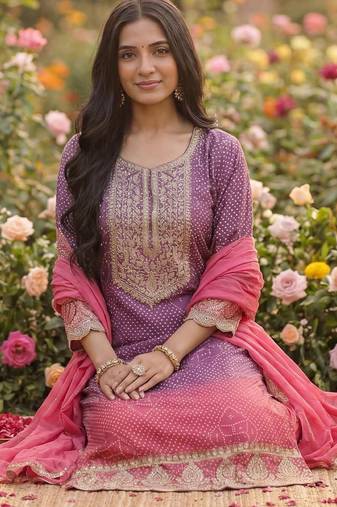 Women Leheriya Dyed Regular Sequinned Kurta with Trousers & With Dupatta