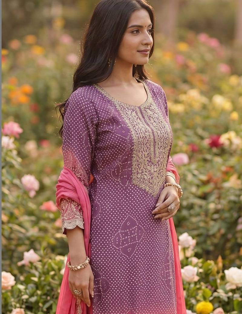 Women Leheriya Dyed Regular Sequinned Kurta with Trousers & With Dupatta