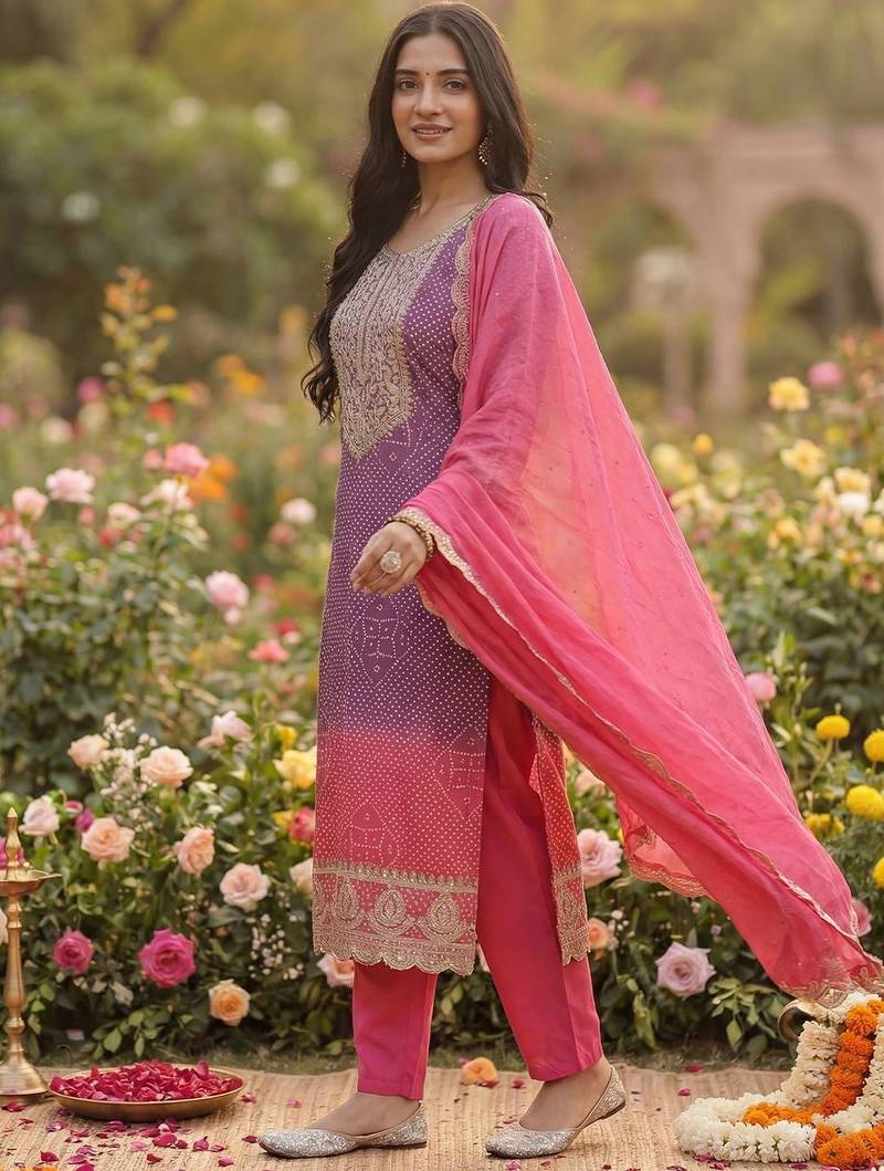 Women Leheriya Dyed Regular Sequinned Kurta with Trousers & With Dupatta