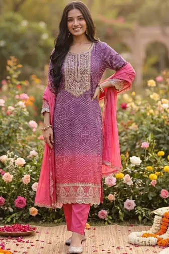 Women Leheriya Dyed Regular Sequinned Kurta with Trousers & With Dupatta
