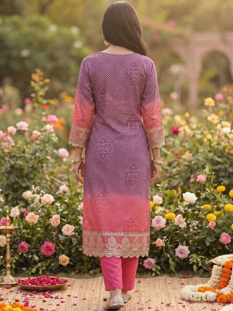 Women Leheriya Dyed Regular Sequinned Kurta with Trousers & With Dupatta