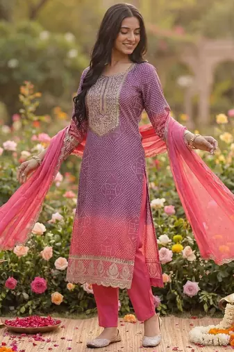 Women Leheriya Dyed Regular Sequinned Kurta with Trousers & With Dupatta