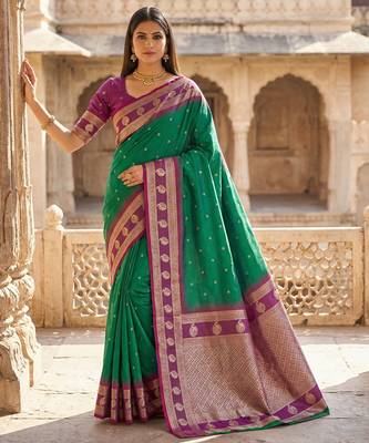 Sea green soft banarasi silk saree with zari weaving  design with contrast blouse 1