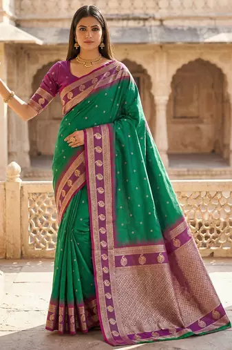 sea green soft silk blend saree with zari weaving design with contrast blouse